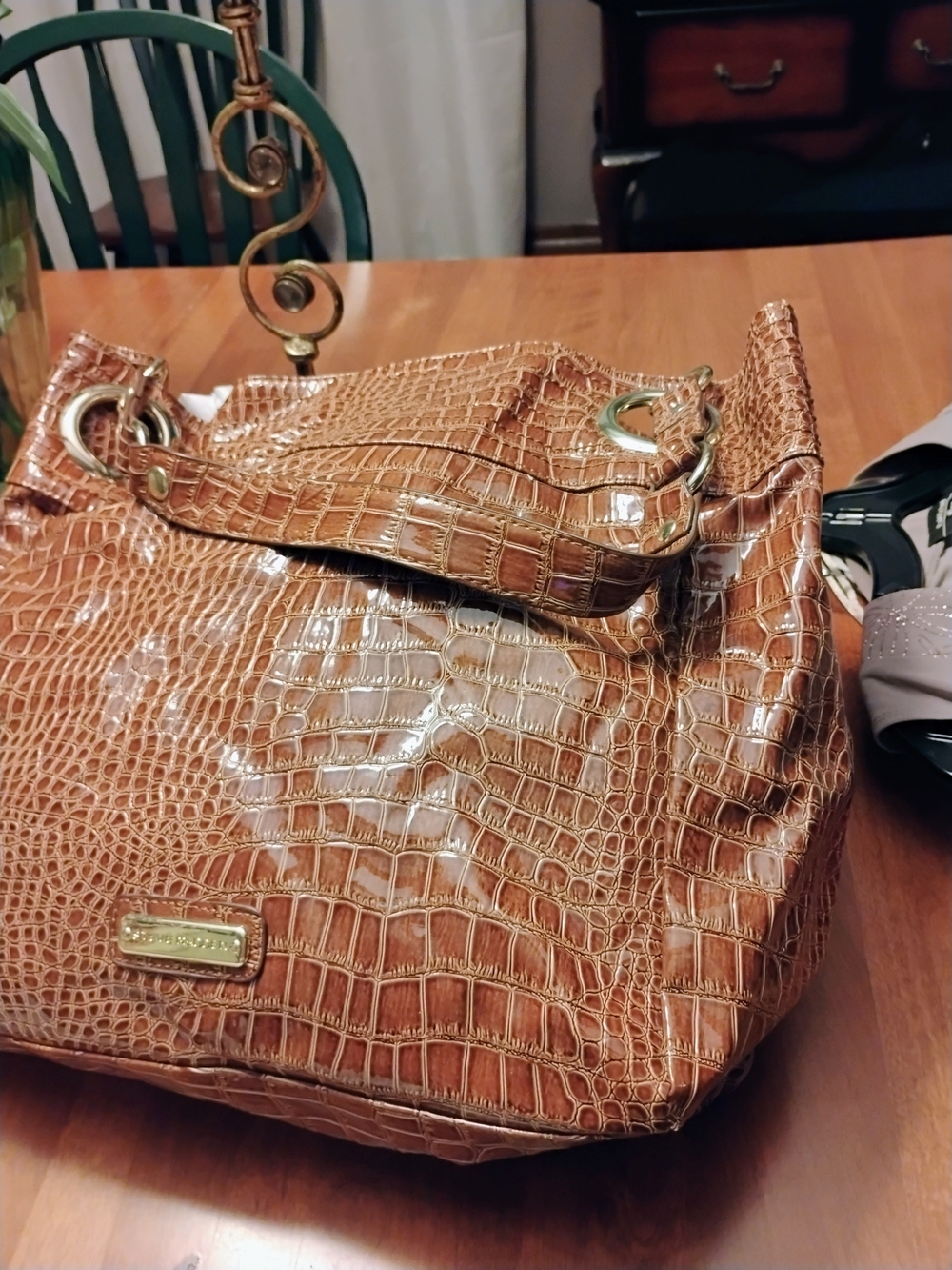 Steve Madden Cognac Croc-Embossed Patent Shoulder Bag